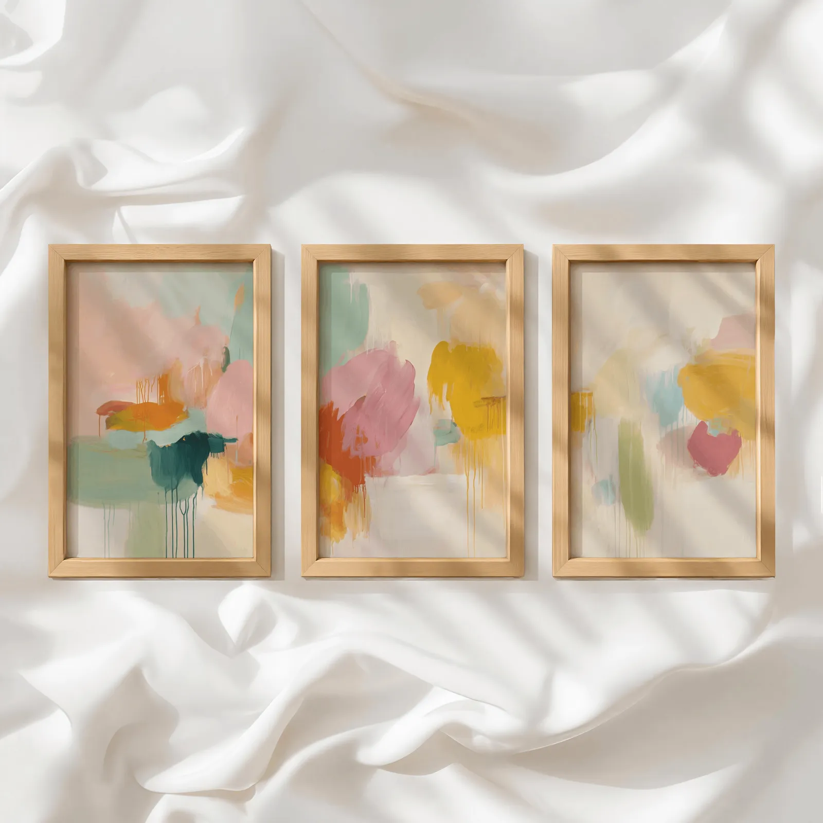 colorful abstract wall art set of 3, in a row atop rumpled white silky fabric